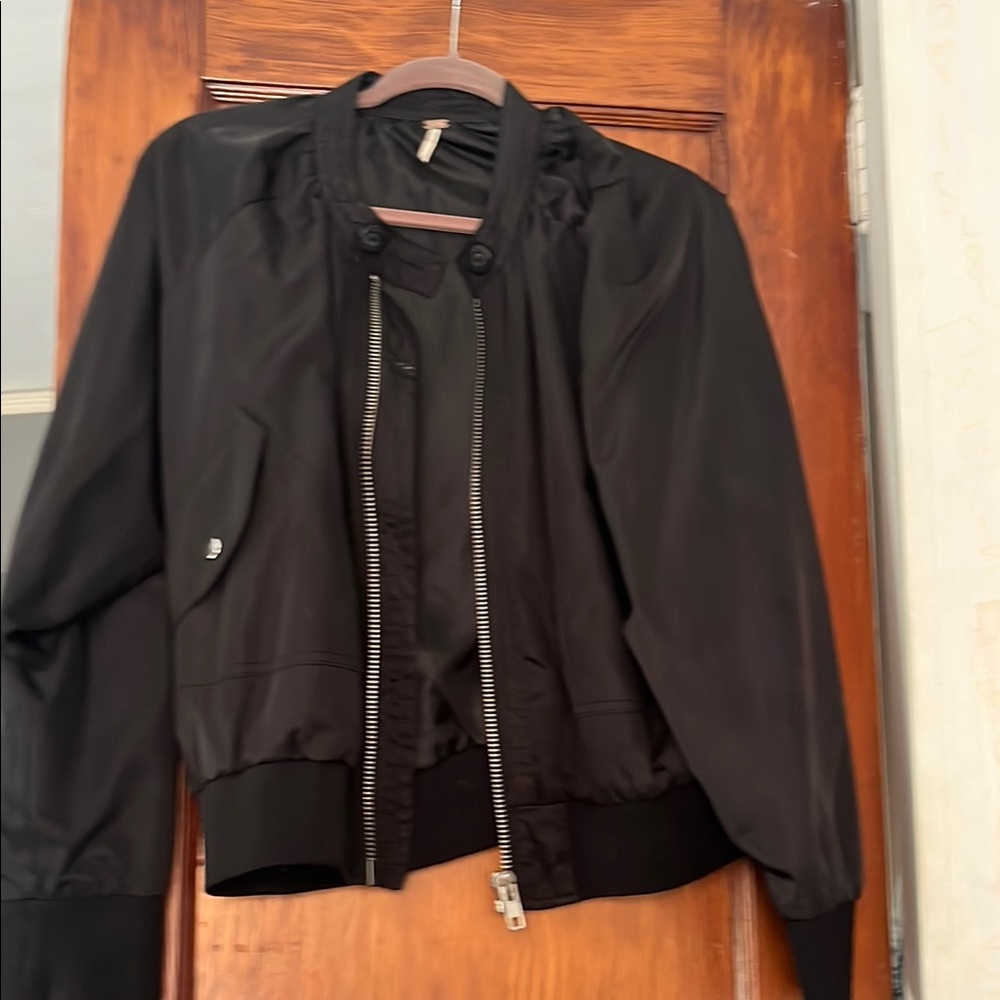 Free People Black Bomber Jacket with Ribbed Cuffs and Hem
